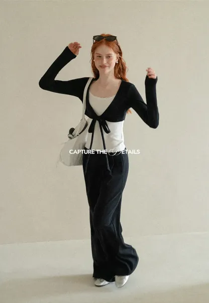 V Neck Tie Front Knit Top and Wide Leg Casual Pants