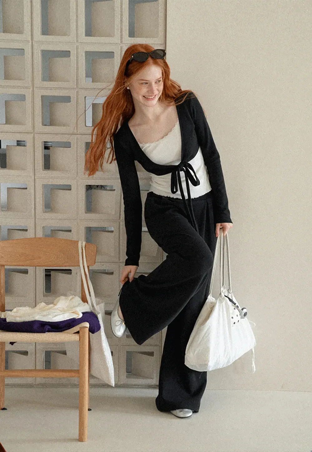 V Neck Tie Front Knit Top and Wide Leg Casual Pants