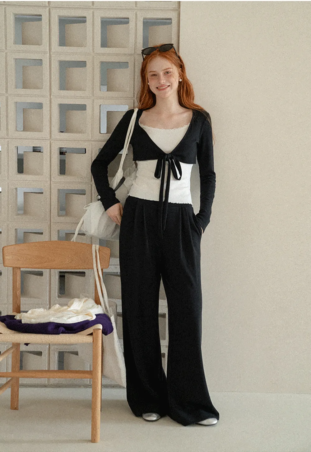 V Neck Tie Front Knit Top and Wide Leg Casual Pants