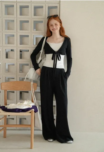V Neck Tie Front Knit Top and Wide Leg Casual Pants