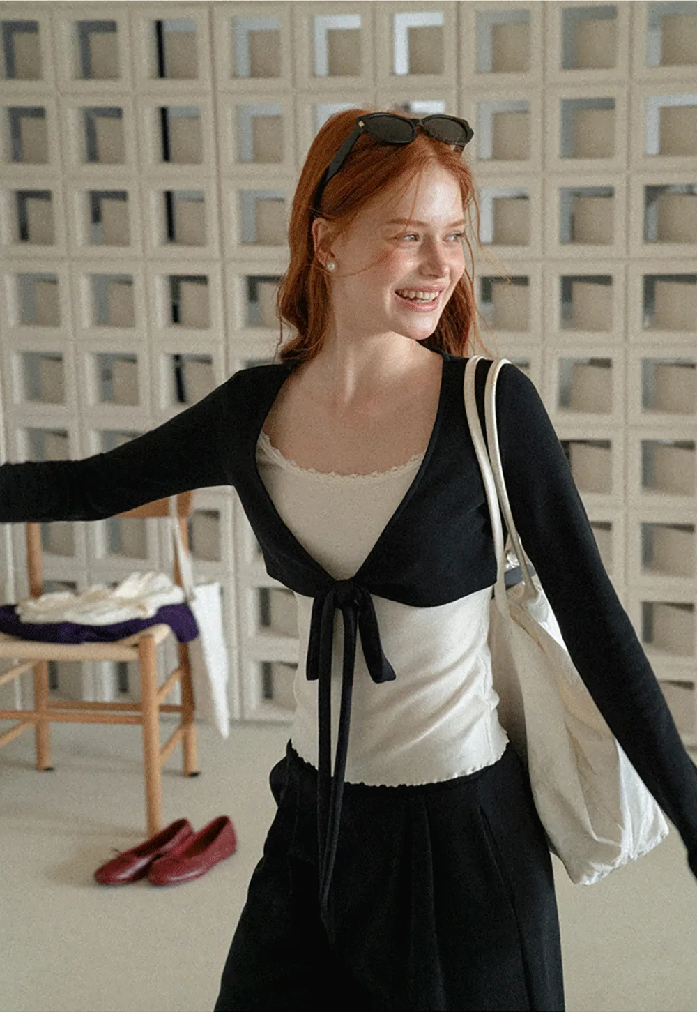 V Neck Tie Front Knit Top and Wide Leg Casual Pants