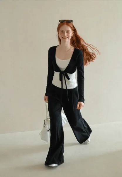 V Neck Tie Front Knit Top and Wide Leg Casual Pants