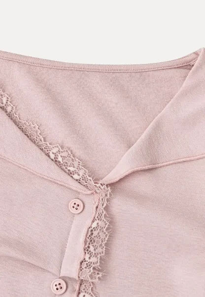 Lace Trim V Neck Button Front Knit Top