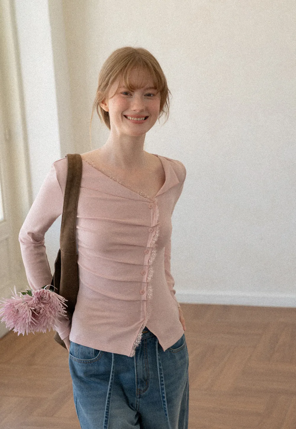 Lace Trim V Neck Button Front Knit Top