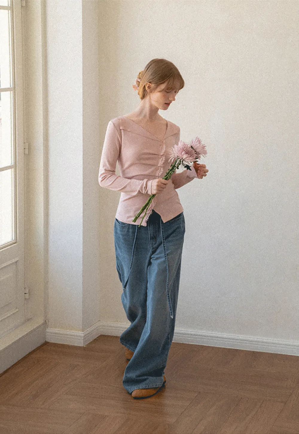Lace Trim V Neck Button Front Knit Top