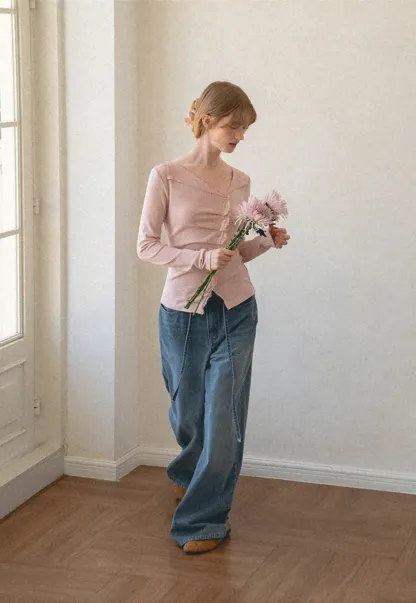 Lace Trim V Neck Button Front Knit Top