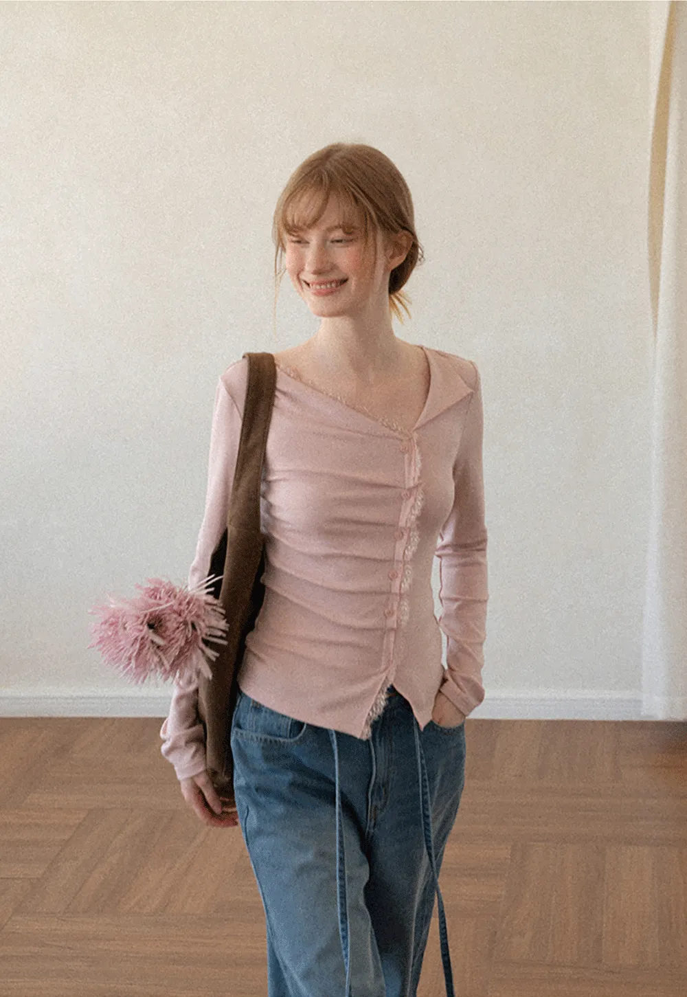 Lace Trim V Neck Button Front Knit Top