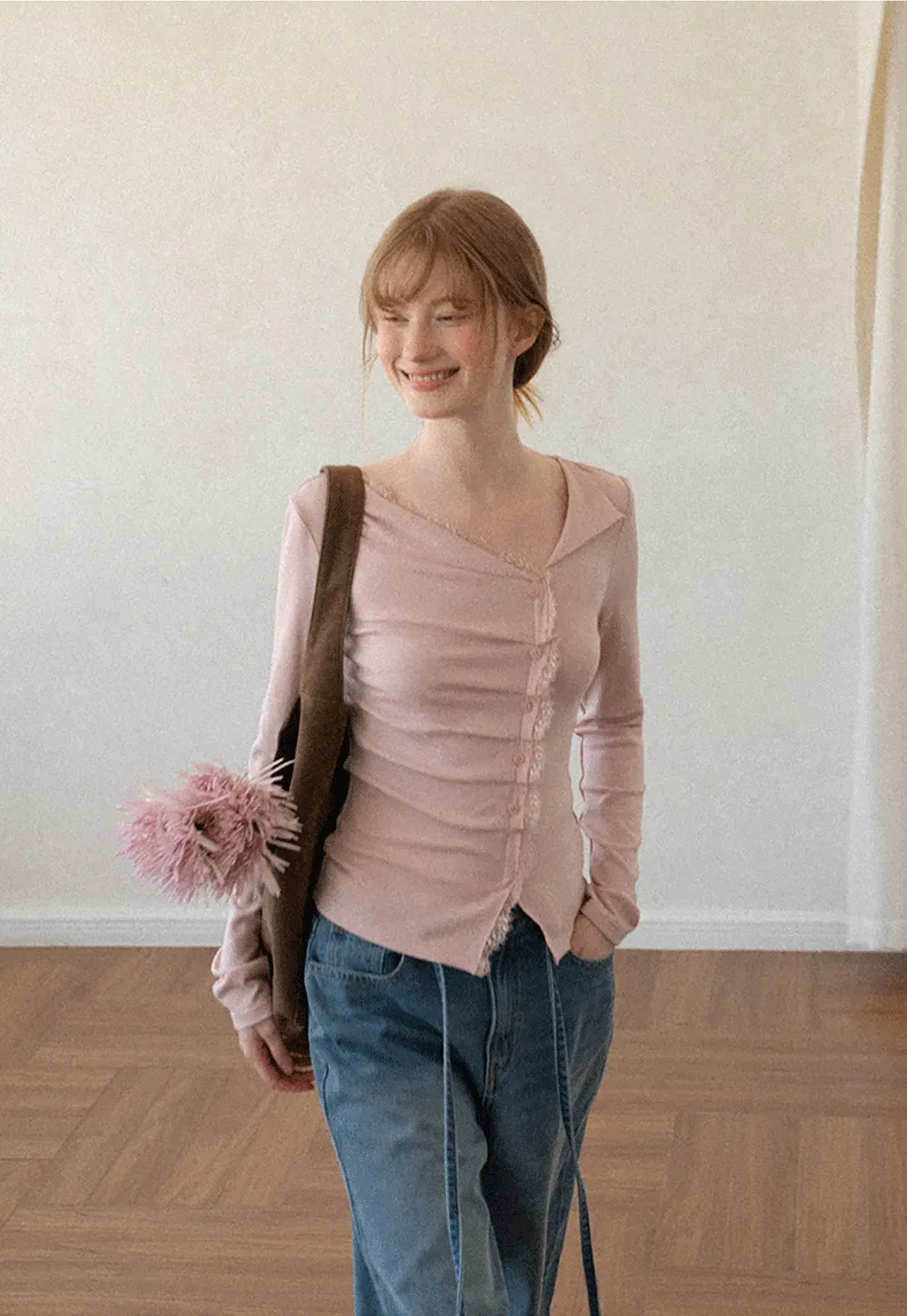 Lace Trim V Neck Button Front Knit Top