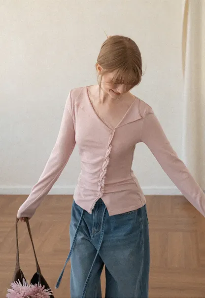 Lace Trim V Neck Button Front Knit Top