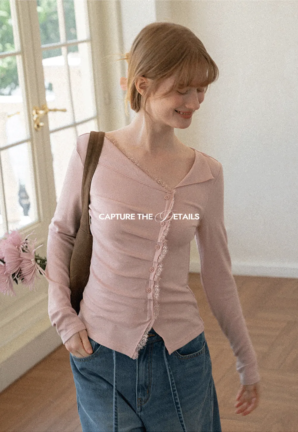 Lace Trim V Neck Button Front Knit Top