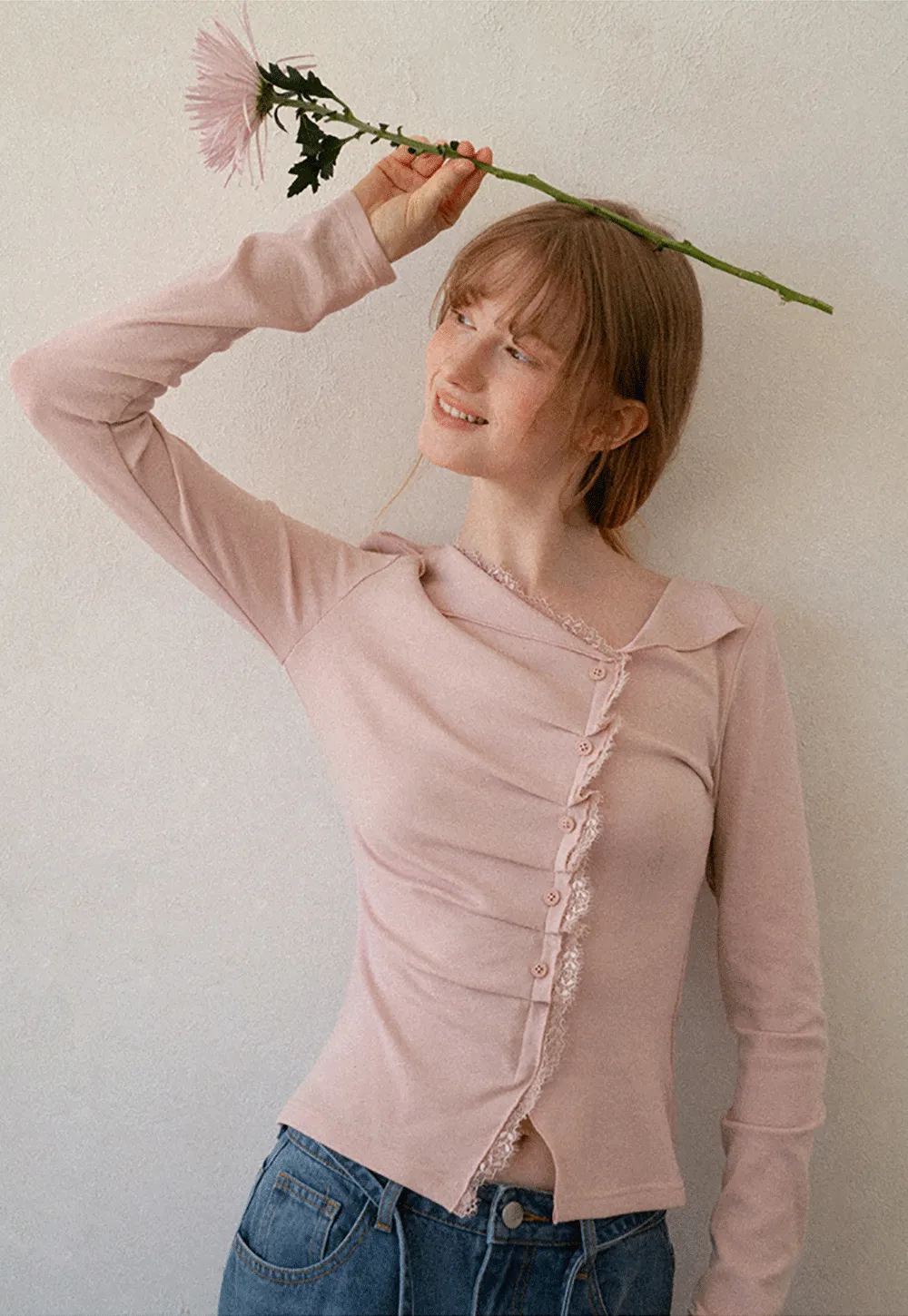 Lace Trim V Neck Button Front Knit Top