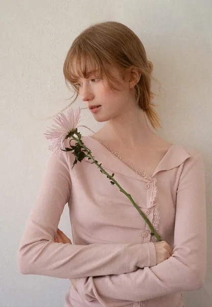 Lace Trim V Neck Button Front Knit Top