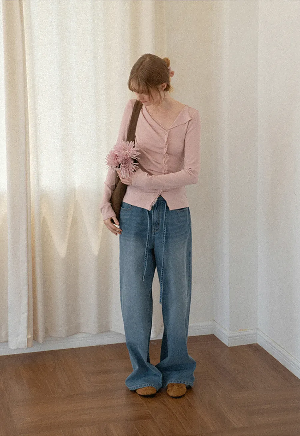 Lace Trim V Neck Button Front Knit Top