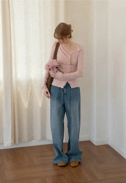 Lace Trim V Neck Button Front Knit Top