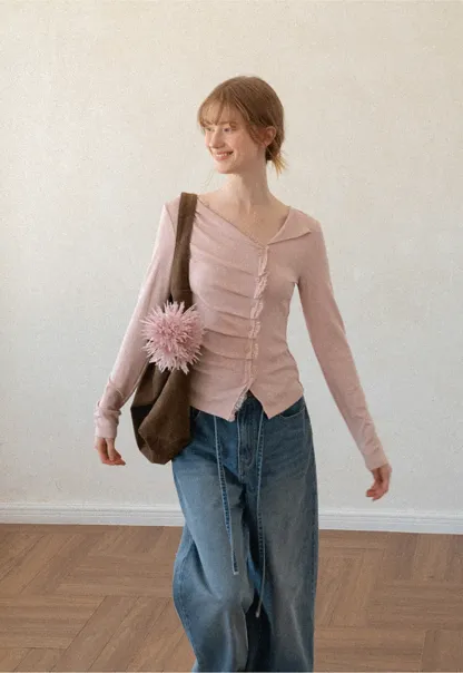 Lace Trim V Neck Button Front Knit Top
