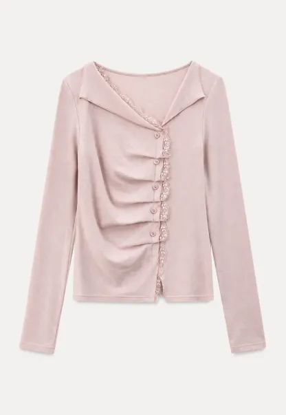 Lace Trim V Neck Button Front Knit Top