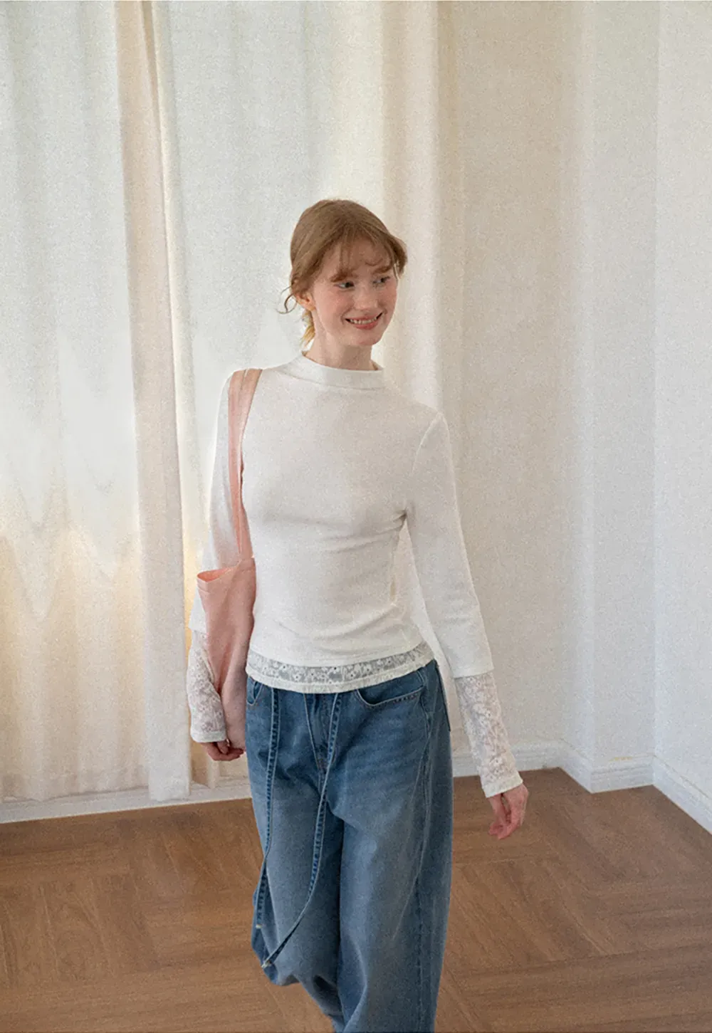 Lace Trim Half Sleeve Mock Neck Knit Top