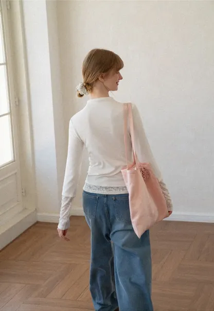 Lace Trim Half Sleeve Mock Neck Knit Top