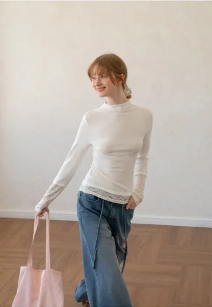 Lace Trim Half Sleeve Mock Neck Knit Top