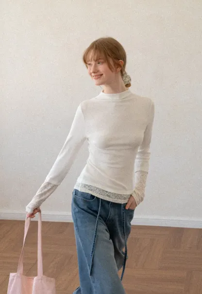 Lace Trim Half Sleeve Mock Neck Knit Top