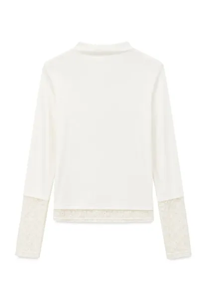 Lace Trim Half Sleeve Mock Neck Knit Top
