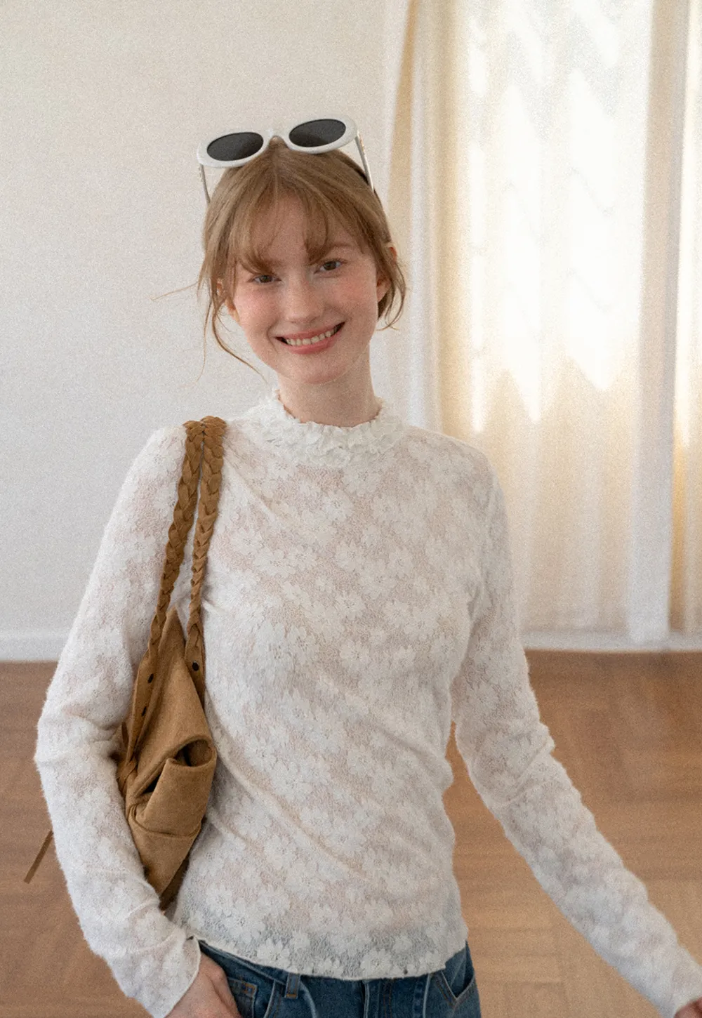 Lace Texture High Neck Long Sleeve Top