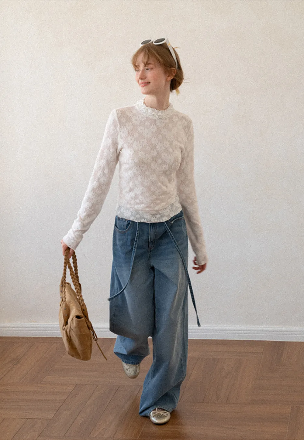 Lace Texture High Neck Long Sleeve Top