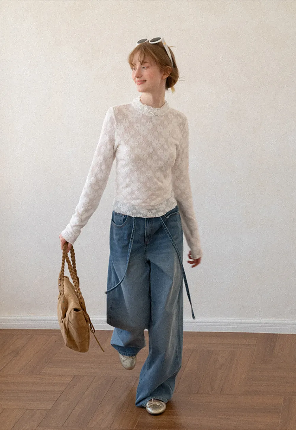 Lace Texture High Neck Long Sleeve Top