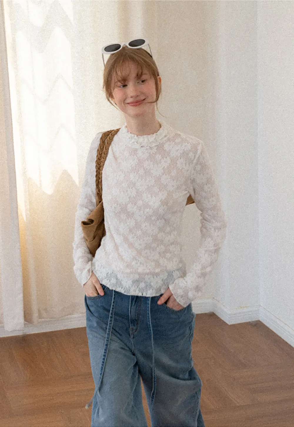 Lace Texture High Neck Long Sleeve Top