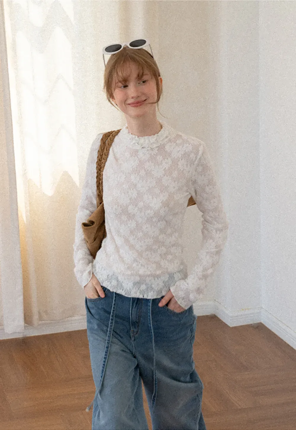 Lace Texture High Neck Long Sleeve Top