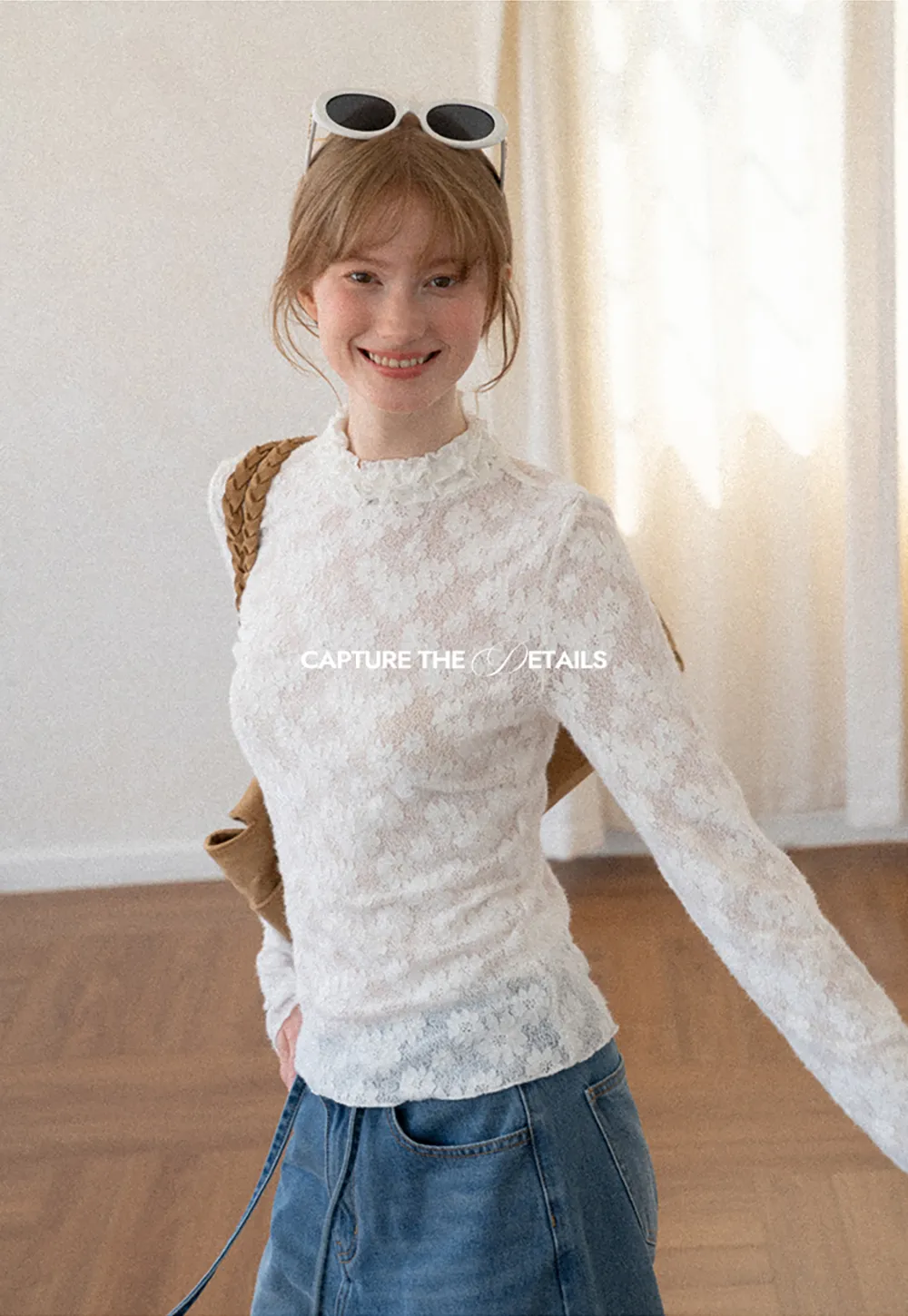 Lace Texture High Neck Long Sleeve Top