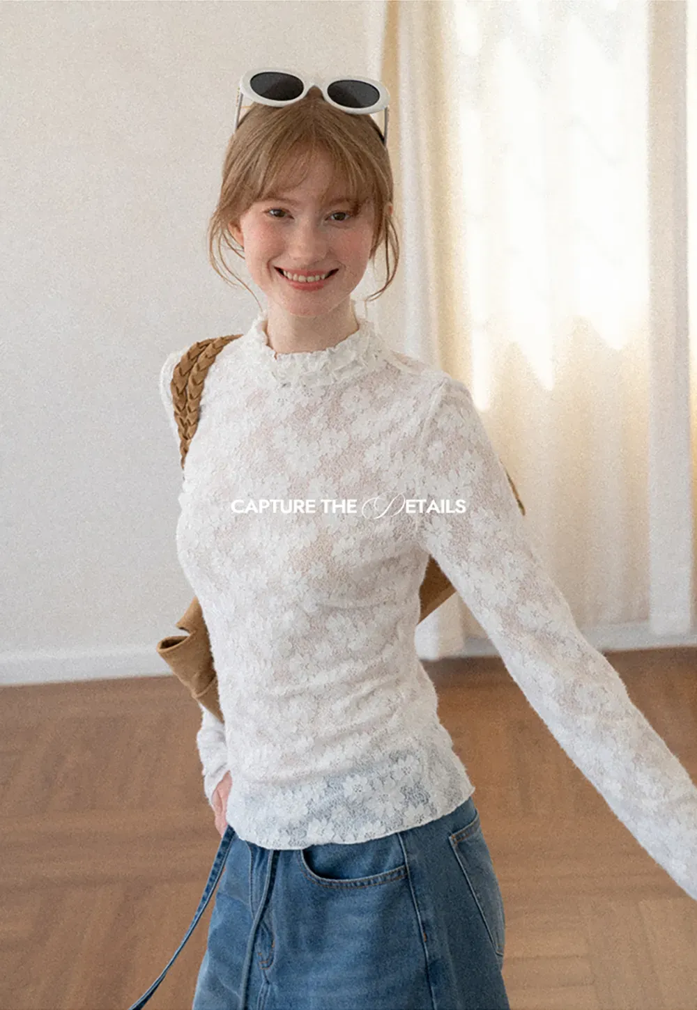 Lace Texture High Neck Long Sleeve Top