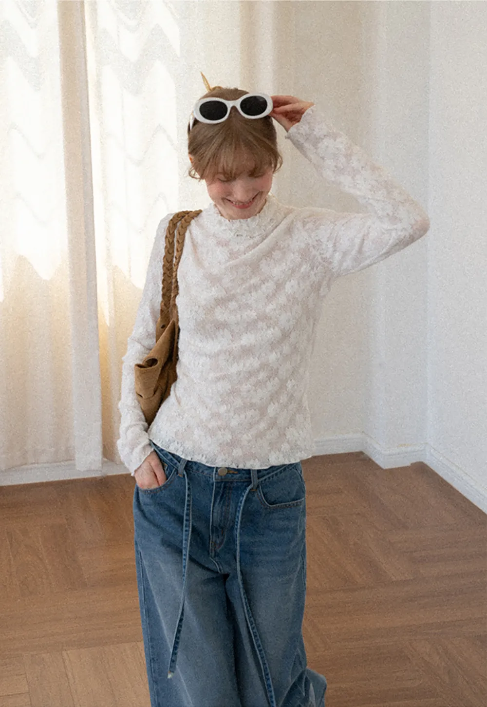 Lace Texture High Neck Long Sleeve Top