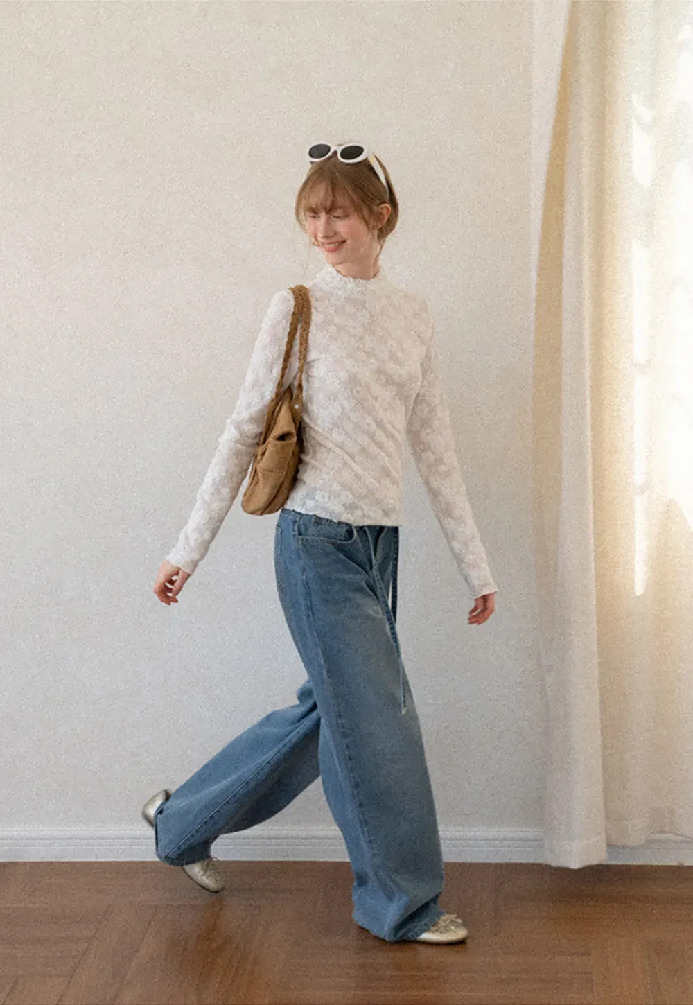 Lace Texture High Neck Long Sleeve Top