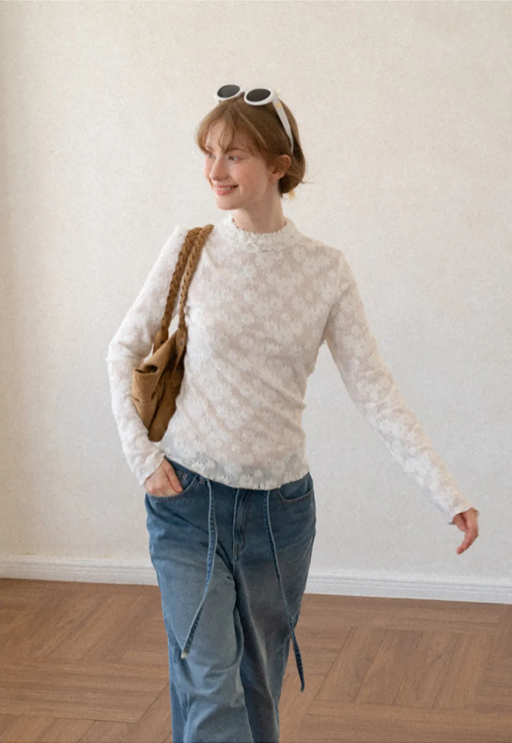 Lace Texture High Neck Long Sleeve Top