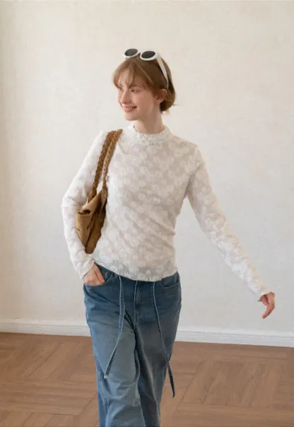 Lace Texture High Neck Long Sleeve Top
