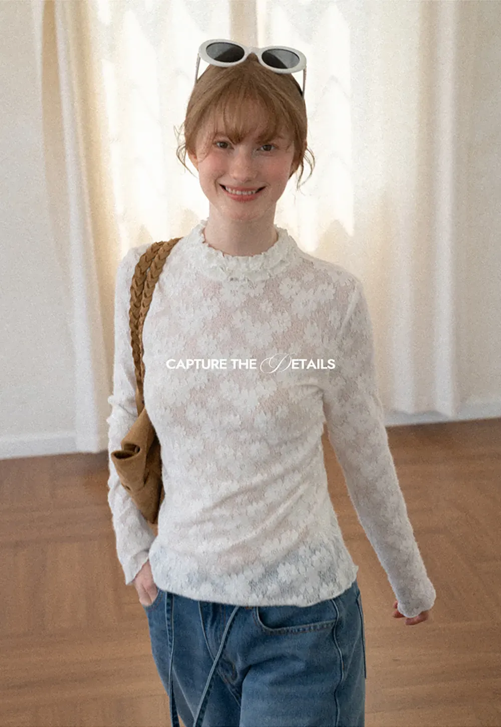 Lace Texture High Neck Long Sleeve Top