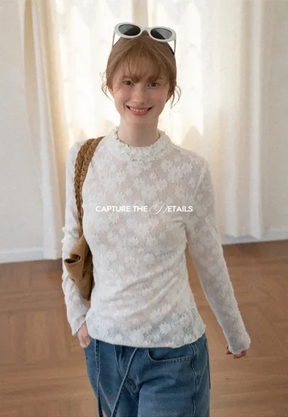 Lace Texture High Neck Long Sleeve Top