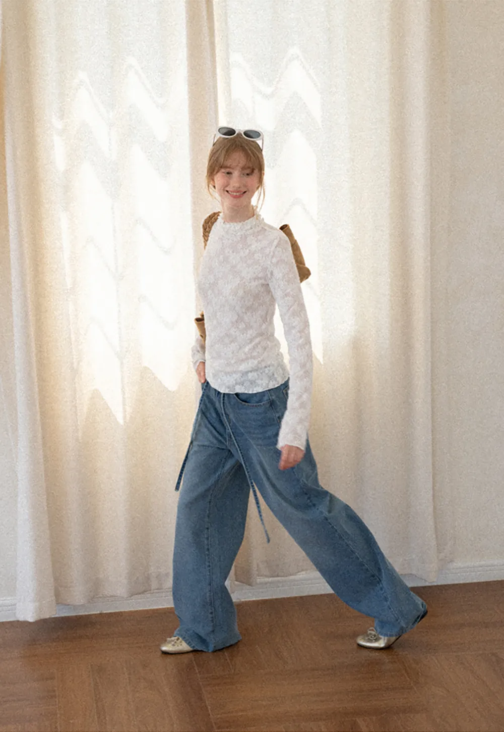 Lace Texture High Neck Long Sleeve Top