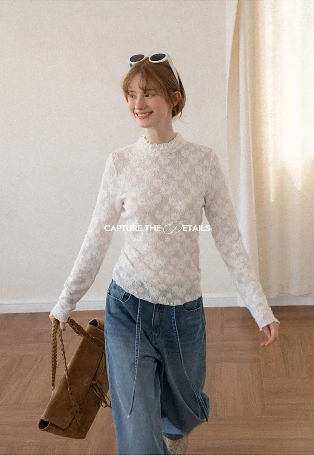 Lace Texture High Neck Long Sleeve Top