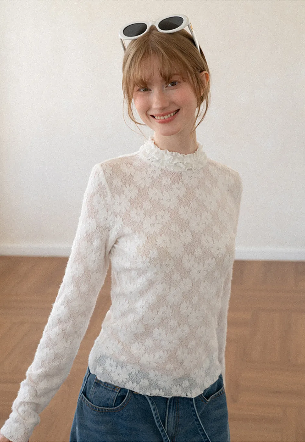 Lace Texture High Neck Long Sleeve Top