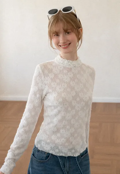 Lace Texture High Neck Long Sleeve Top