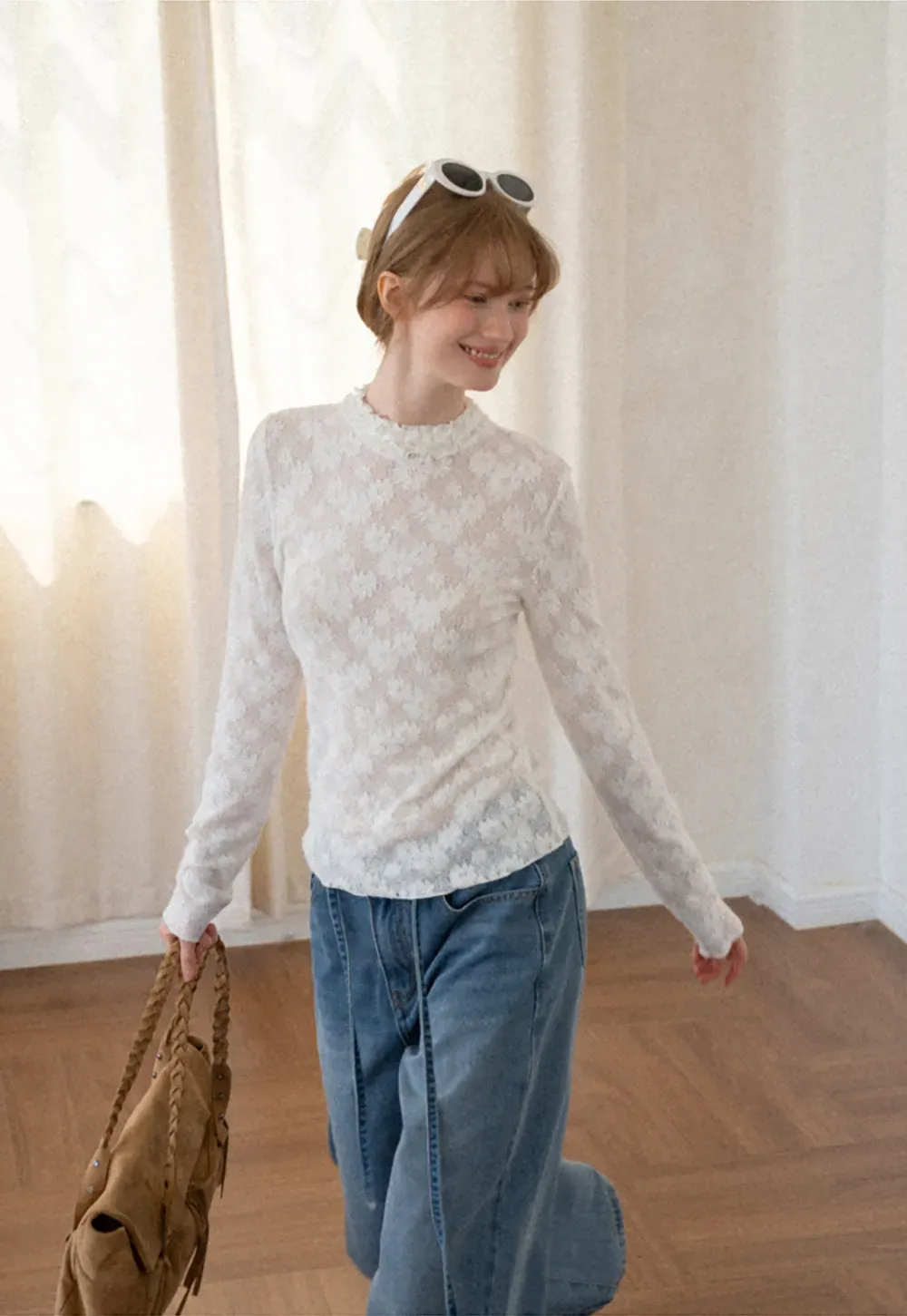 Lace Texture High Neck Long Sleeve Top