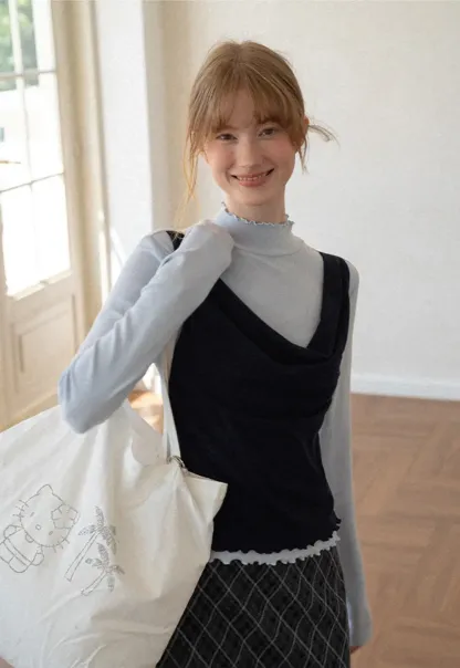 Cowl Neck Layered Top with Lace Hem Tshirt