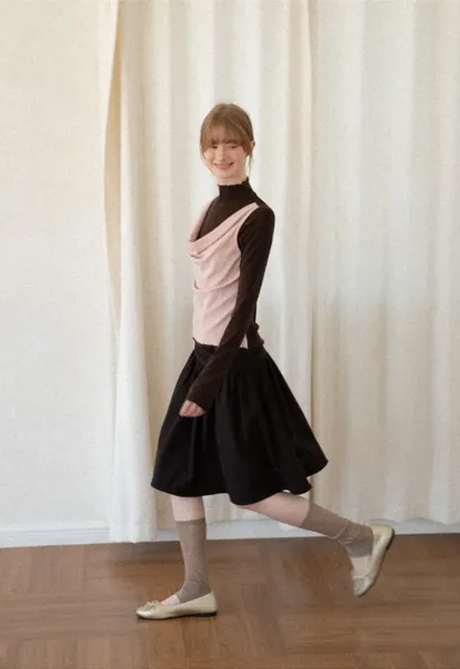 Cowl Neck Layered Top with Lace Hem Tshirt