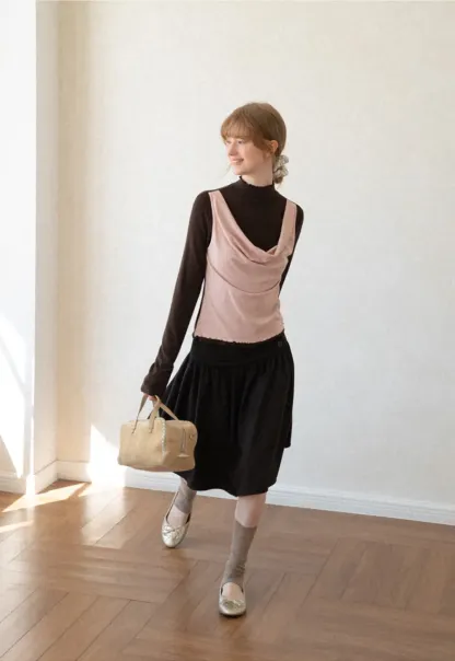 Cowl Neck Layered Top with Lace Hem Tshirt