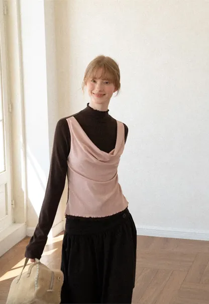 Cowl Neck Layered Top with Lace Hem Tshirt