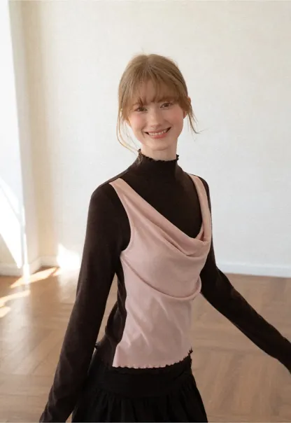 Cowl Neck Layered Top with Lace Hem Tshirt
