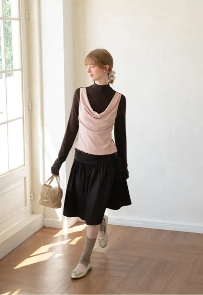 Cowl Neck Layered Top with Lace Hem Tshirt
