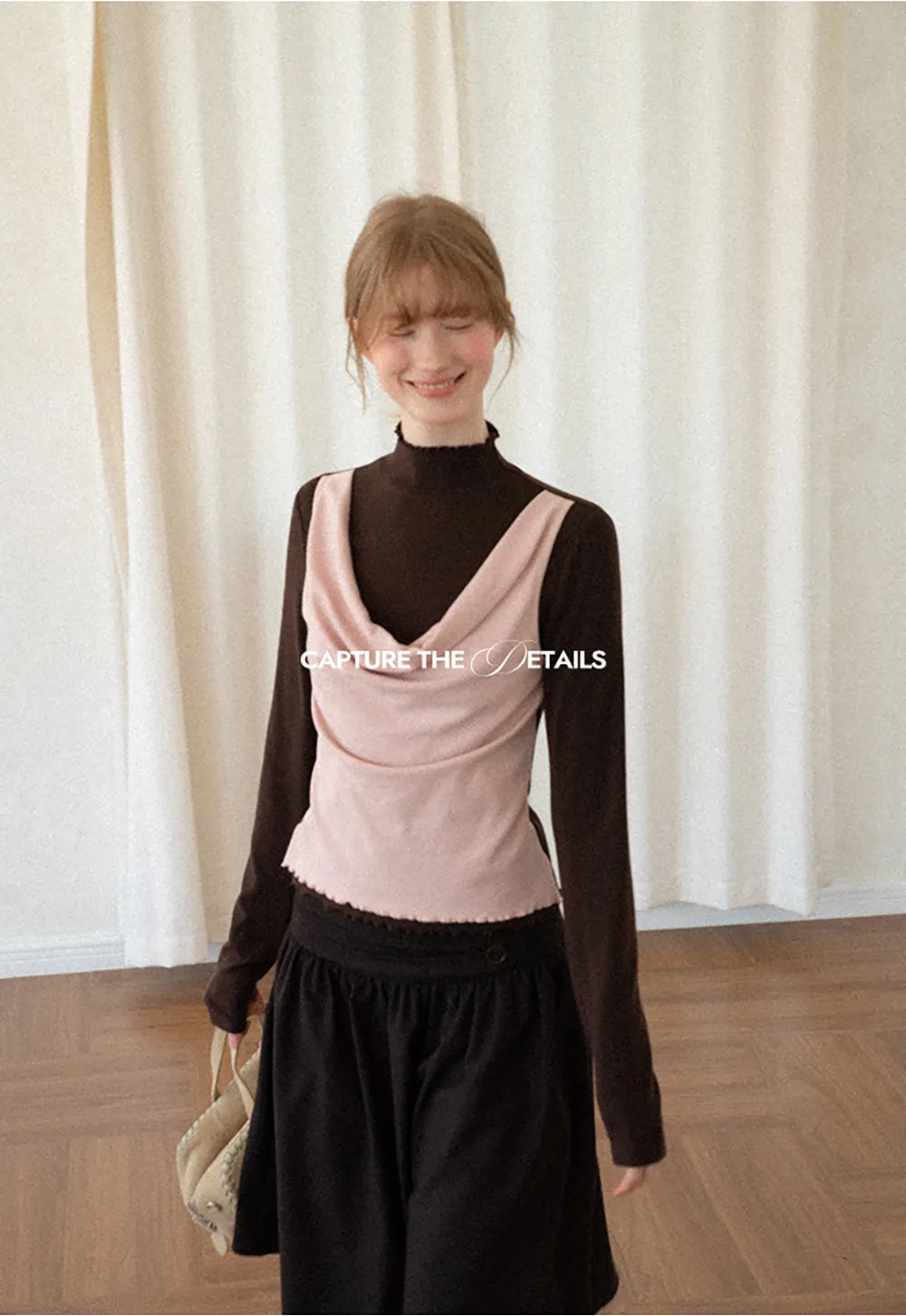 Cowl Neck Layered Top with Lace Hem Tshirt